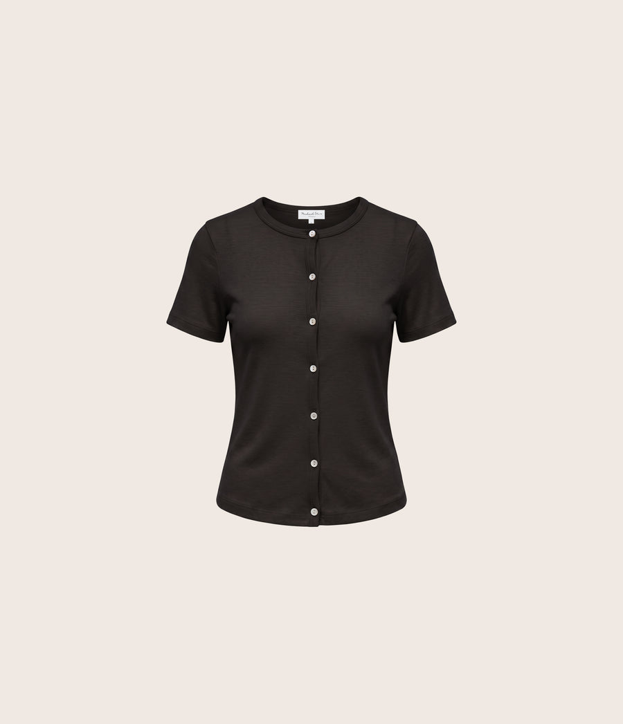 VALERIE SHINE SHORT SLEEVE BUTTON FRONT TEE