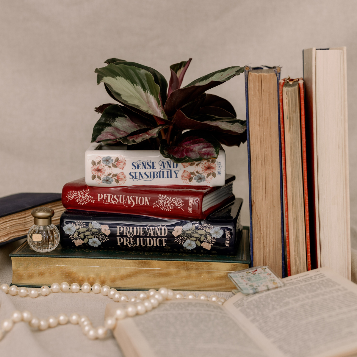 PLANTER STACKED BOOKS JANE AUSTEN