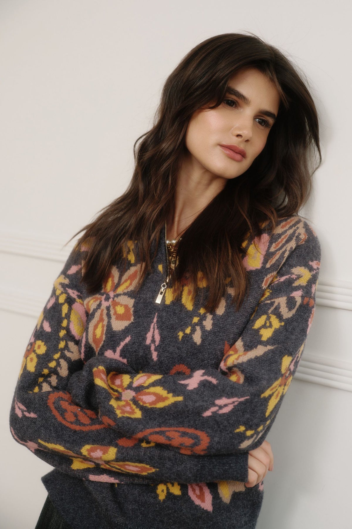 QUARTER ZIP JACQUARD SWEATER