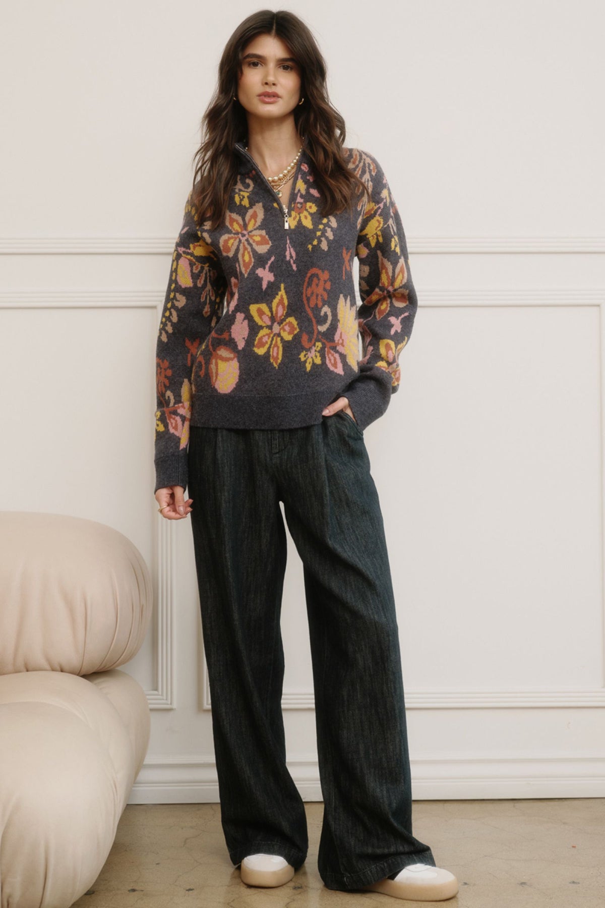 QUARTER ZIP JACQUARD SWEATER