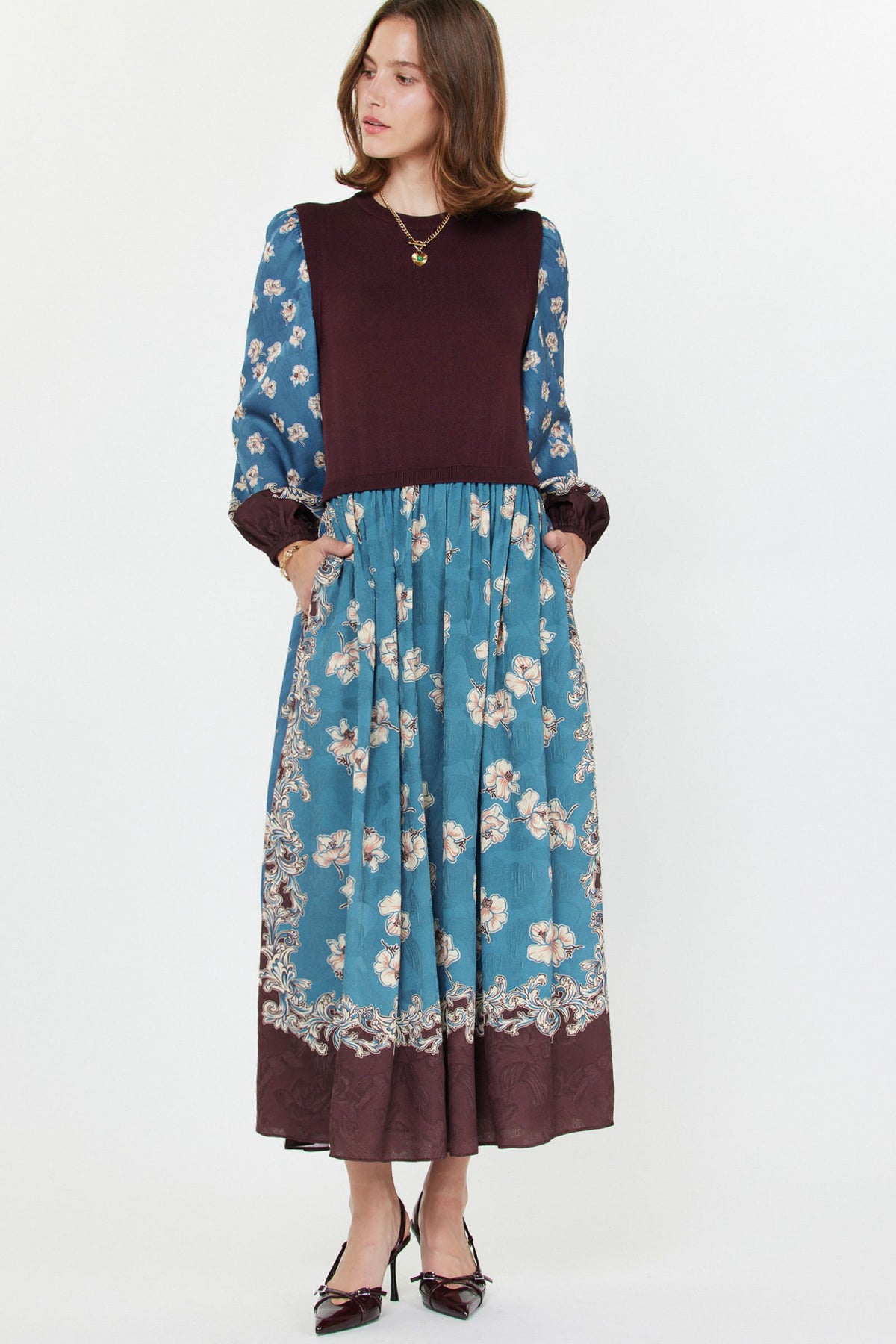 FLORAL MIXED MEDIA DRESS