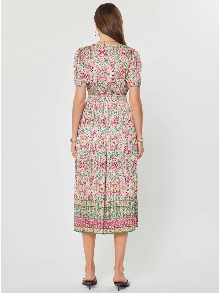 PRINTED PLEATED VNECK MIDI DRESS