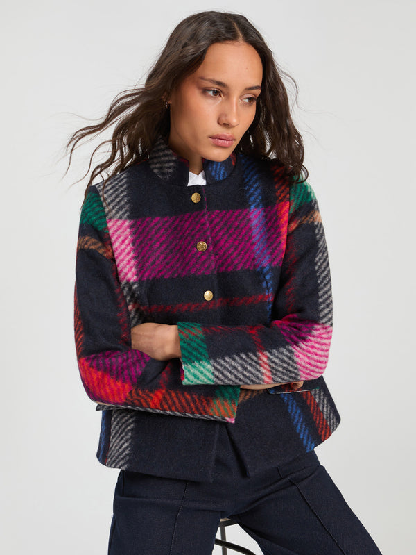 PLAID HIGH NECK BLAZER COAT