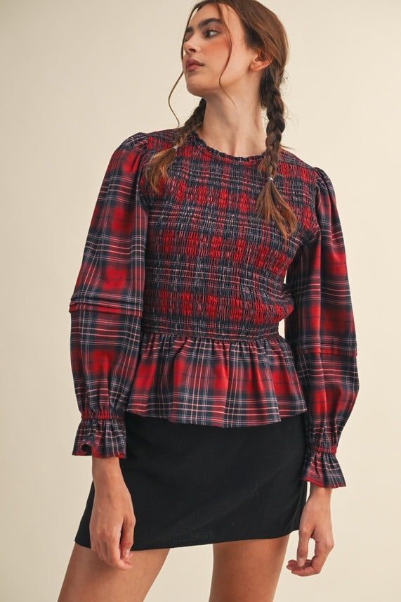 SMOCKED PLAID TOP