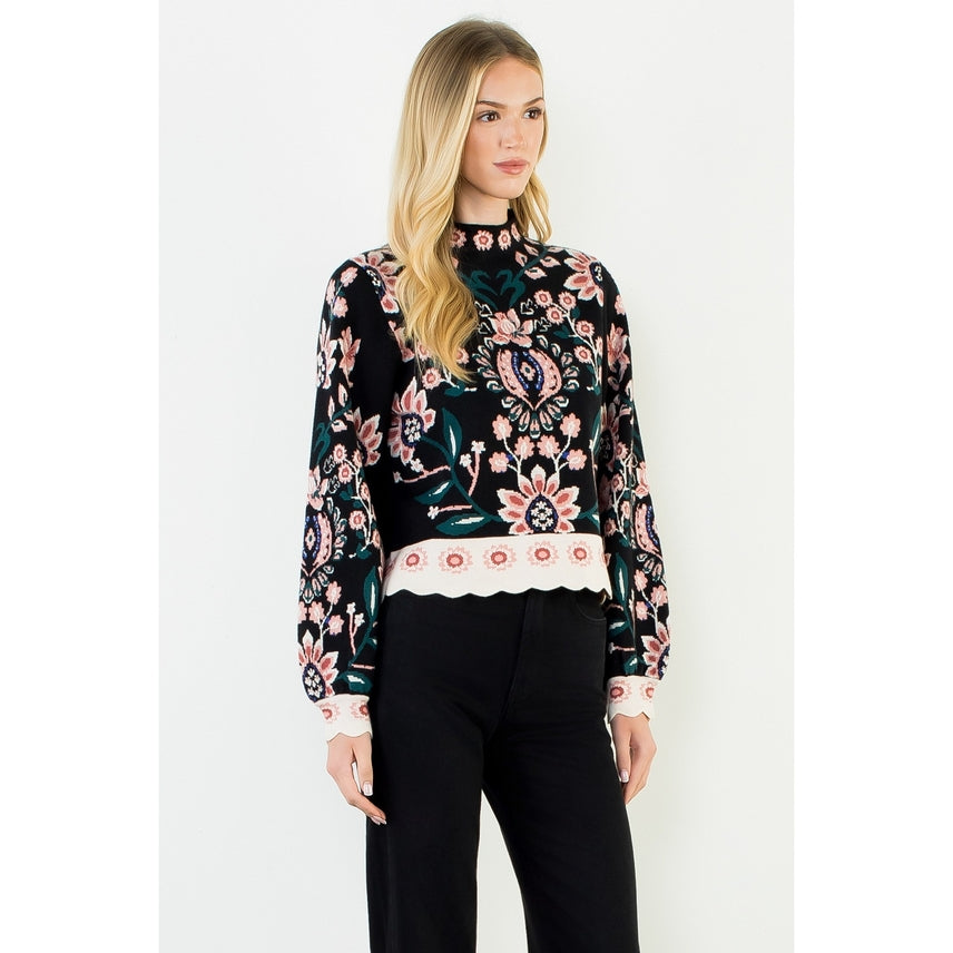 HIGH NECK FLORAL SWEATER