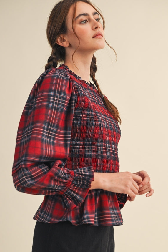 SMOCKED PLAID TOP