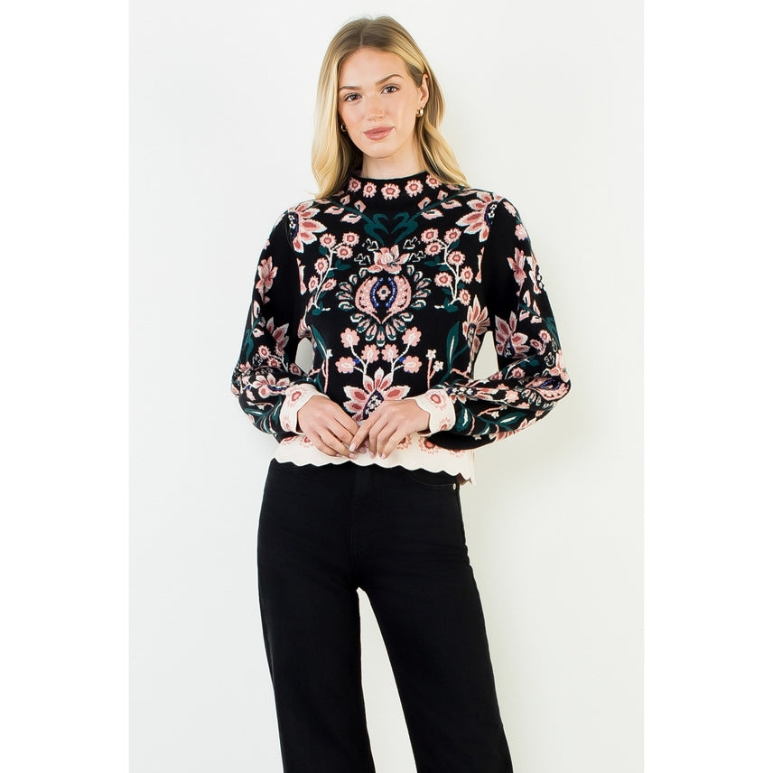 HIGH NECK FLORAL SWEATER