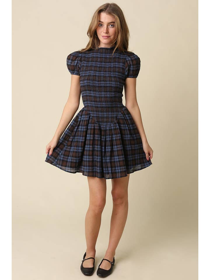 PLAID SMOCKED MINI DRESS