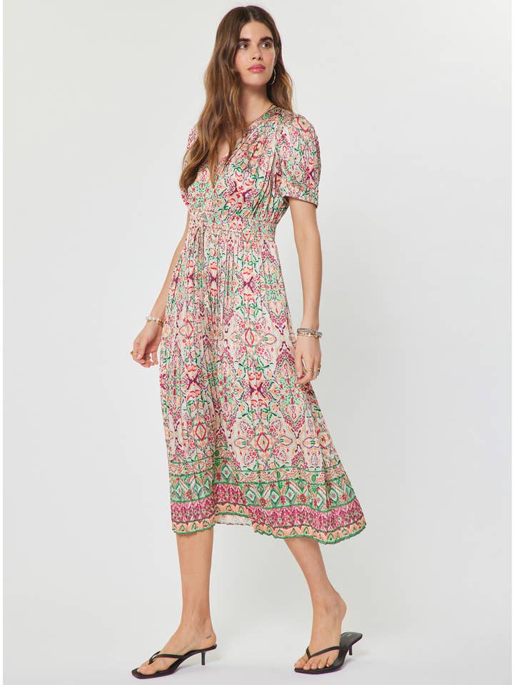 PRINTED PLEATED VNECK MIDI DRESS