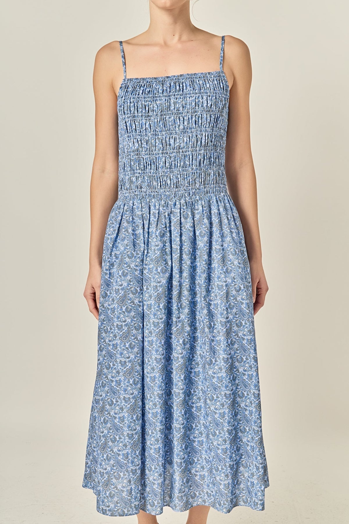 CHECKERED SMOCKED MIDI DRESS