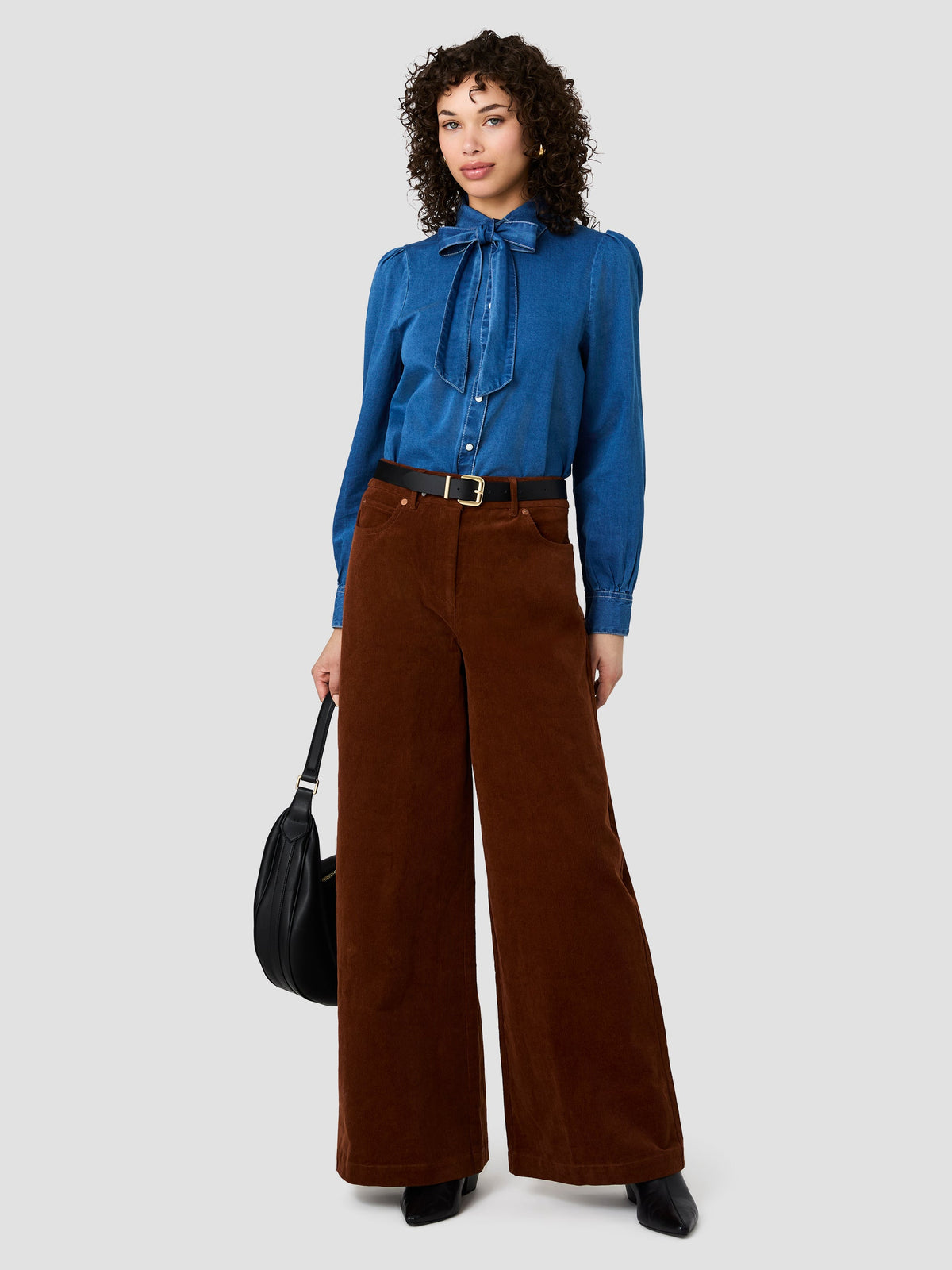ZAVES CHAMBRAY BOW LONG SLEEVE TOP