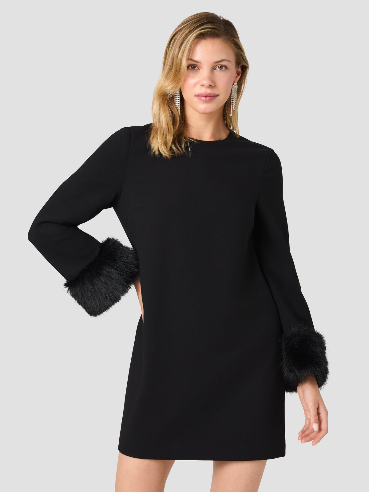 FAUX FUR TRIMMED MINI DRESS