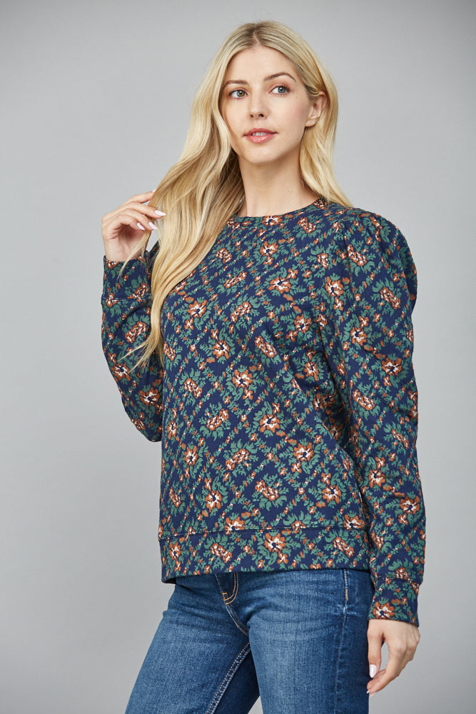 JAQUARD FLORAL PUFF SLEEVE TOP
