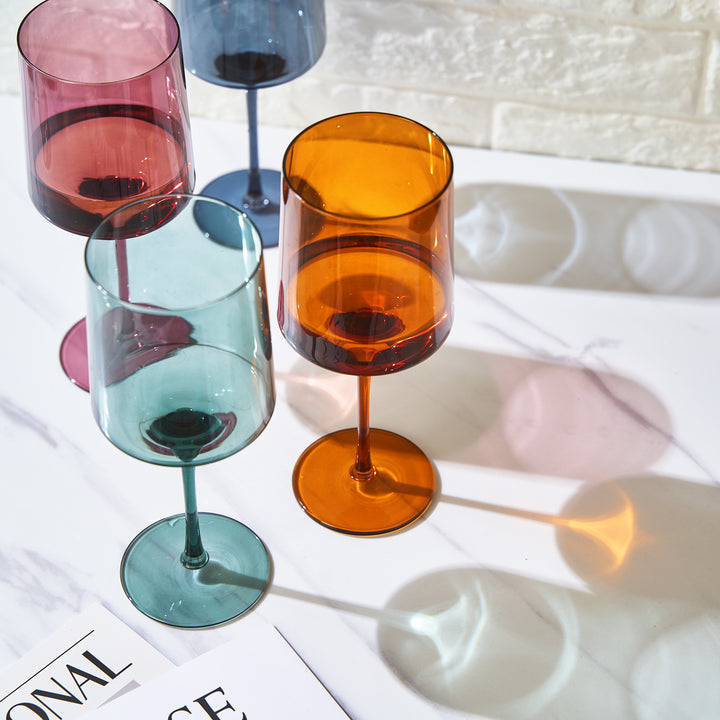 COLORED SQUARE CRYSTAL WINE GLASS SET/4