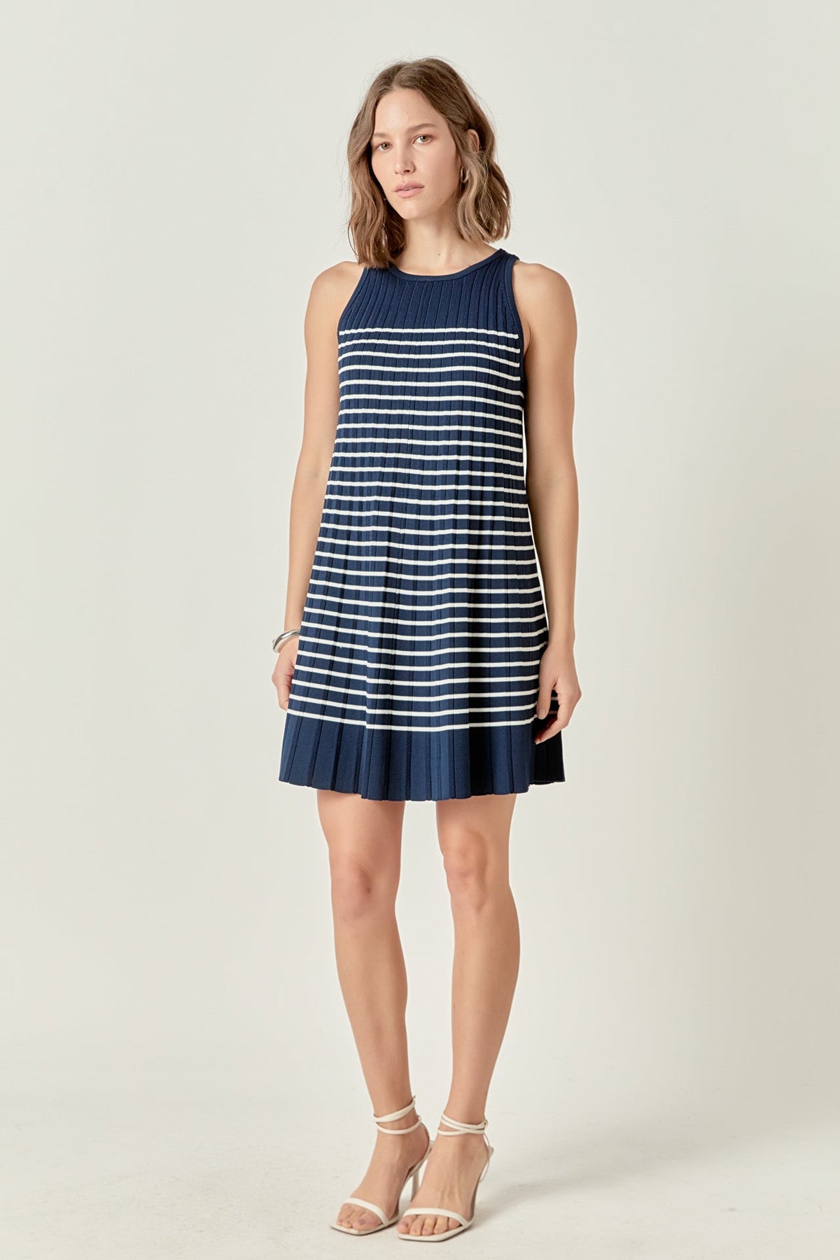 PLEATED A LINE STRIPE KNIT DRESS