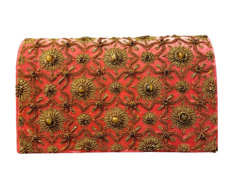 CORAL VELVET STAR PATTERN CLUTCH
