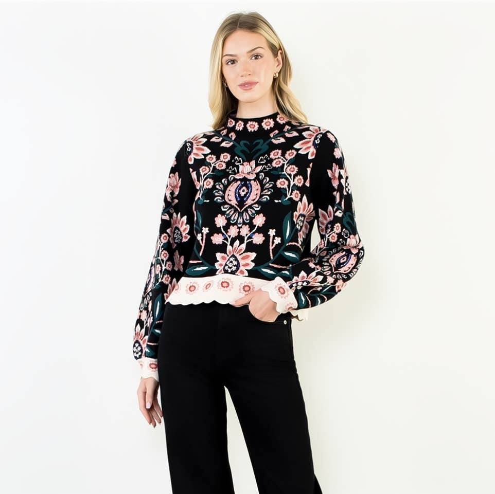 HIGH NECK FLORAL SWEATER