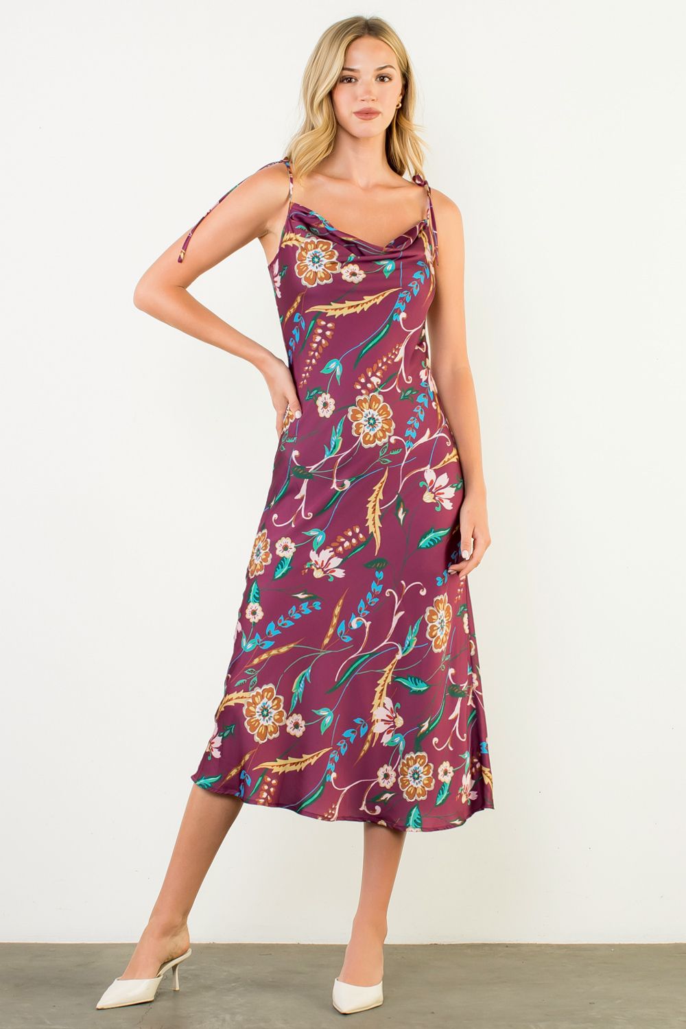 TIE STRAP FLORAL SLIP DRESS